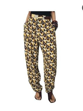 Zara Wide-Leg Geometric Print Pants - Yellow & Brown Size Large